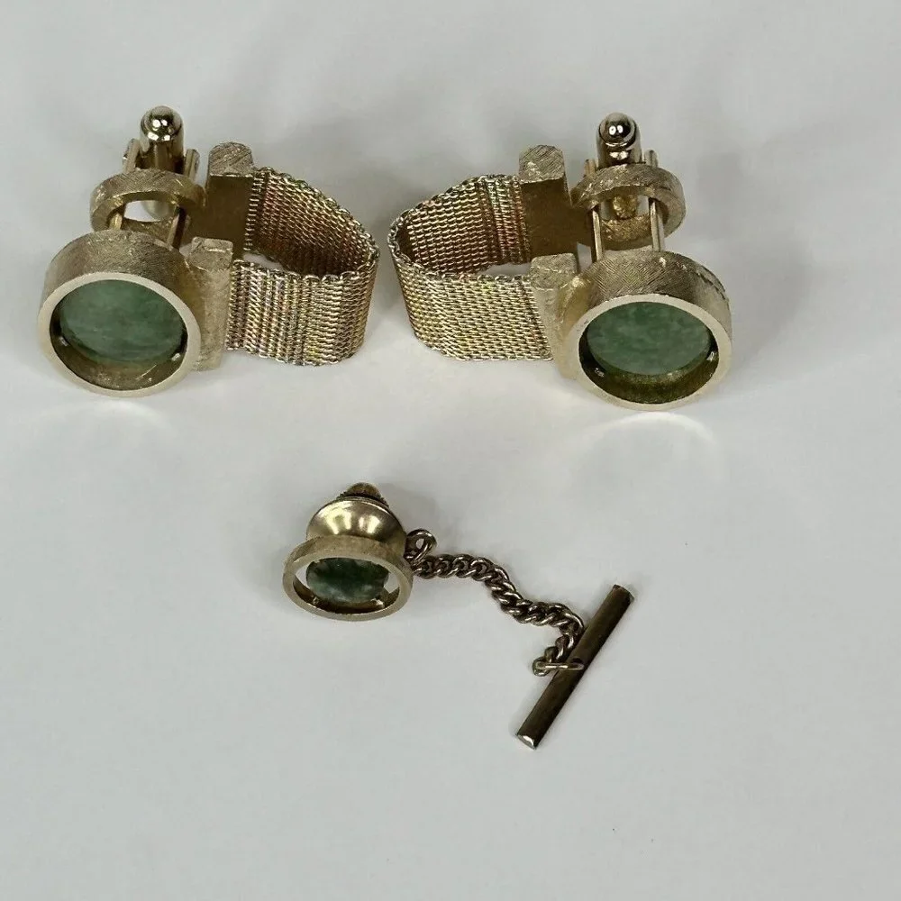 Dante Gold Tone Mesh Cufflinks & Tie Tack Set Green Stone Vintage Mens